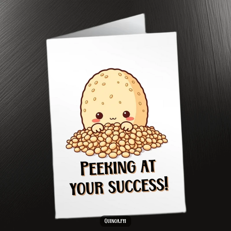 Funny Free Printable Congratulations Card: A curious quinoa grain character peeking out from its grains, looking surprised.