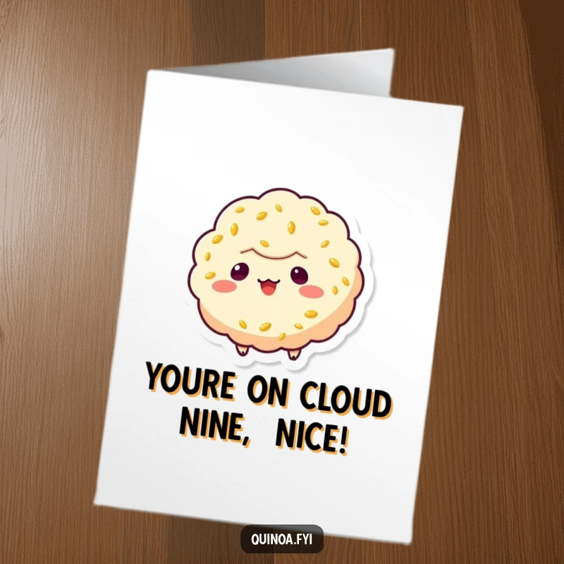 Funny Free Printable Congratulations Card: Playful quinoa puff character floating with a grin, giving a nod of approval, perfect DIY gift.