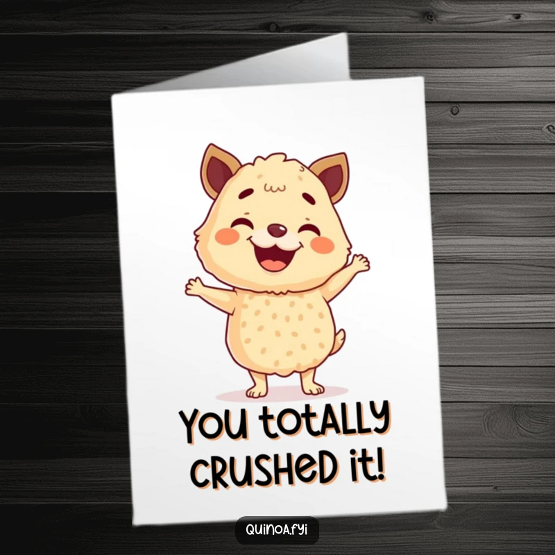 Funny Free Printable Congratulations Card showing a cheerful quinoa blend doing a celebratory dance, spreading good news.