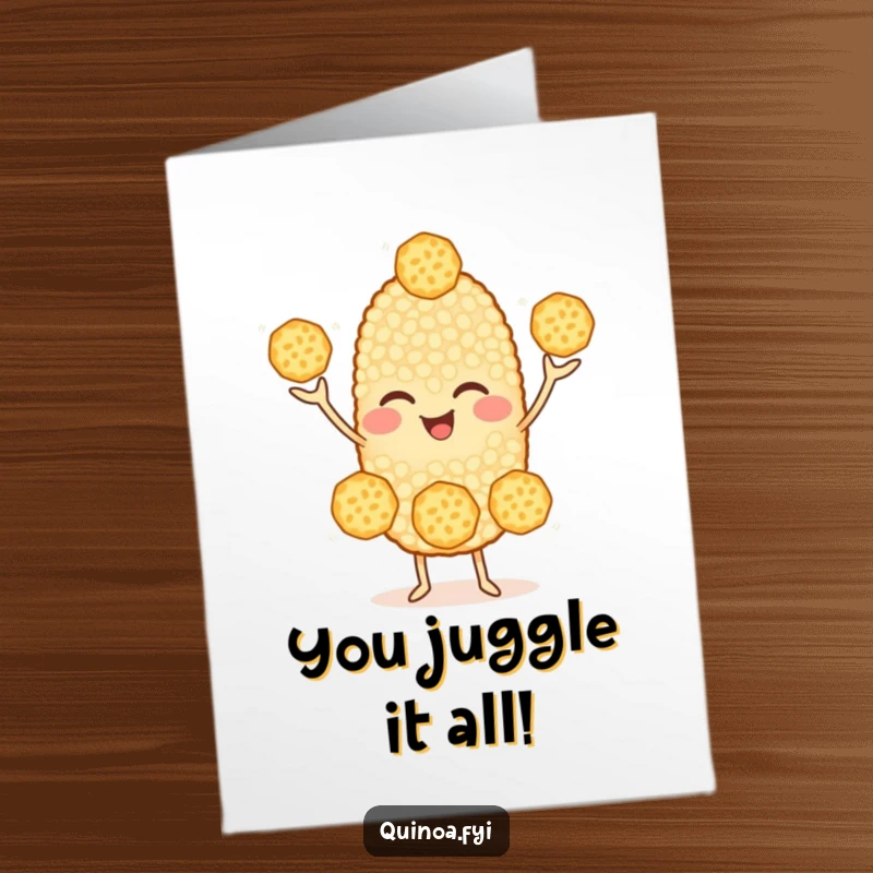 Funny Free Printable Congrats Card: Quinoa character winking as it skillfully juggles three smaller grains, a symbol of success.