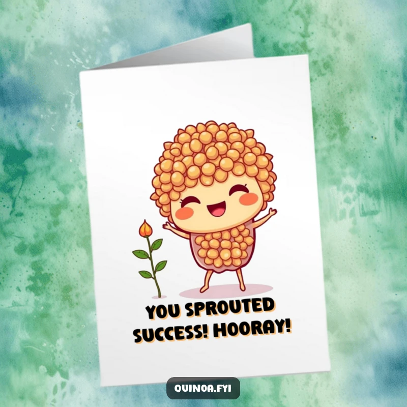 Funny Free Printable Congrats Card: Joyful quinoa character doing a silly dance, celebrating a huge success with excitement.