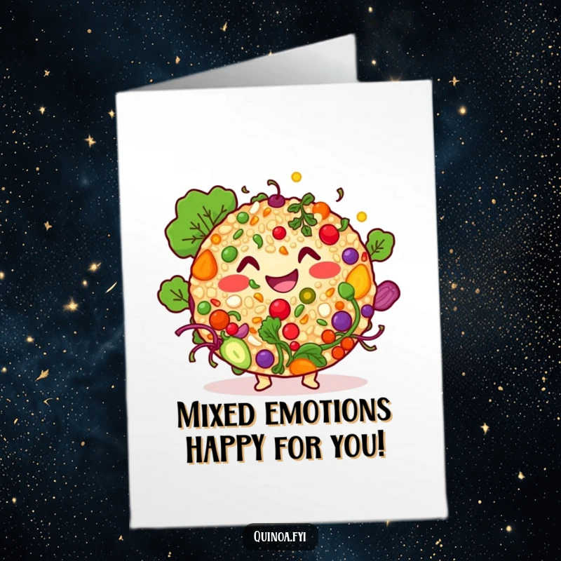 Funny Free Printable Congratulations Card: Happy quinoa salad character with vibrant ingredients, raising a glass, perfect DIY gift.