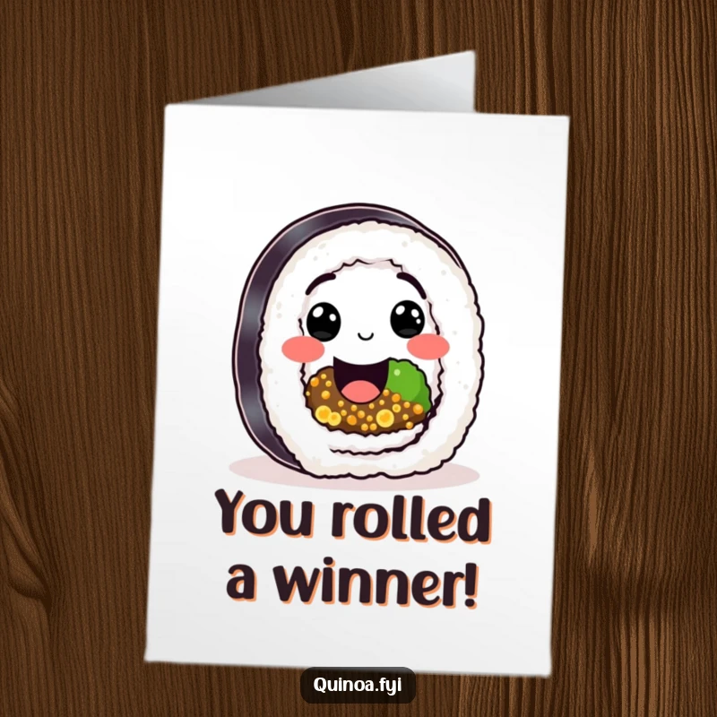 Funny Free Printable Congrats Card: A happy sushi roll with a quinoa filling offers a huge smile, celebrating achievements with delicious delight.