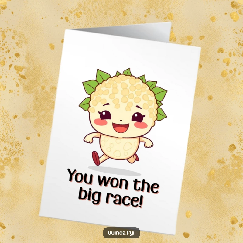 Funny Free Printable Congratulations Card: A beaming quinoa grain character with a determined grin, ready to win a race.
