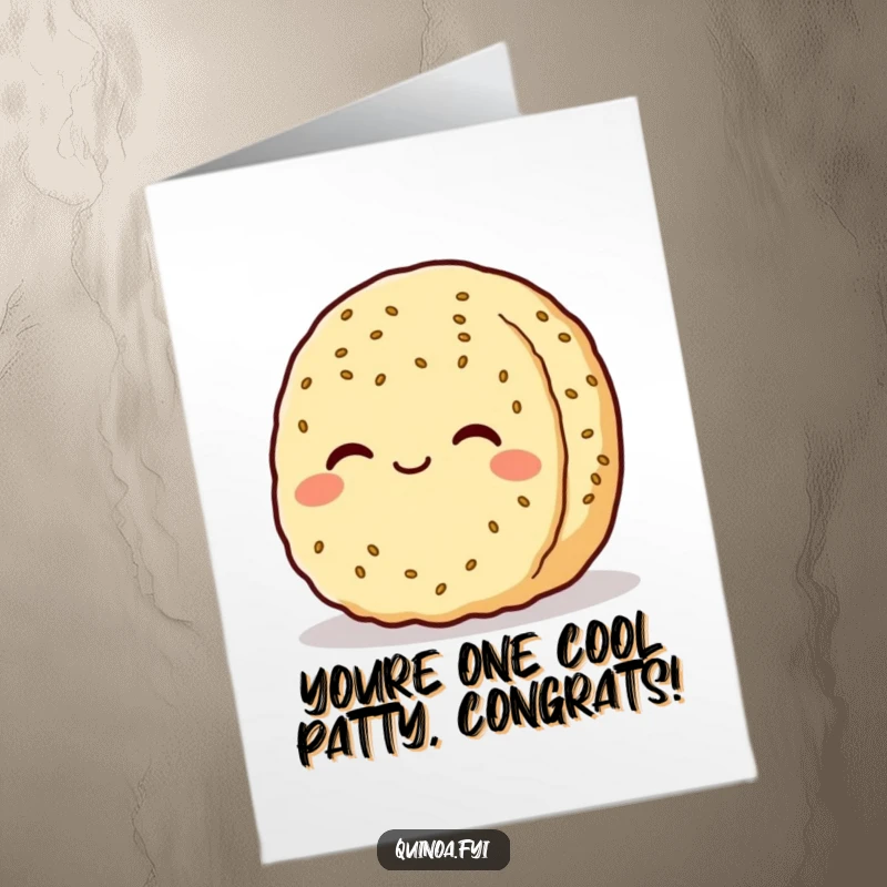 Funny Free Printable Congratulations Card: Content quinoa patty character smiling serenely, giving a gentle nod of approval, ideal DIY gift.