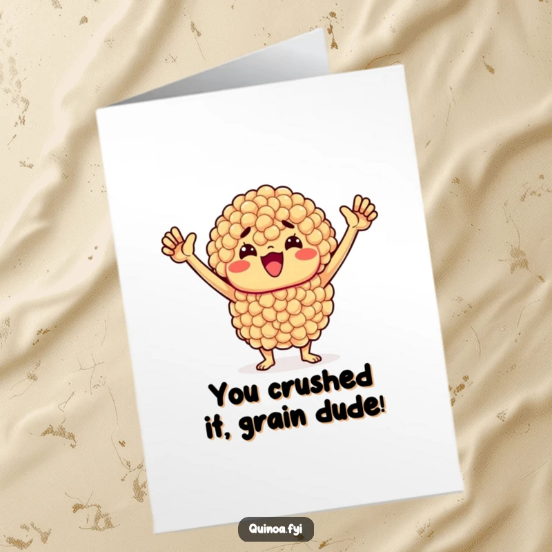 Funny Free Printable Congratulations Card: Cheerful quinoa cluster with determined look, arms triumphantly raised in victory.