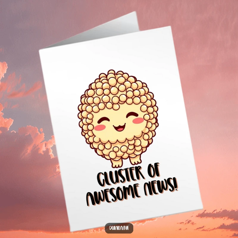 Funny Free Printable Congrats Card: Quinoa Cluster character sporting a sly, knowing, cheeky grin.