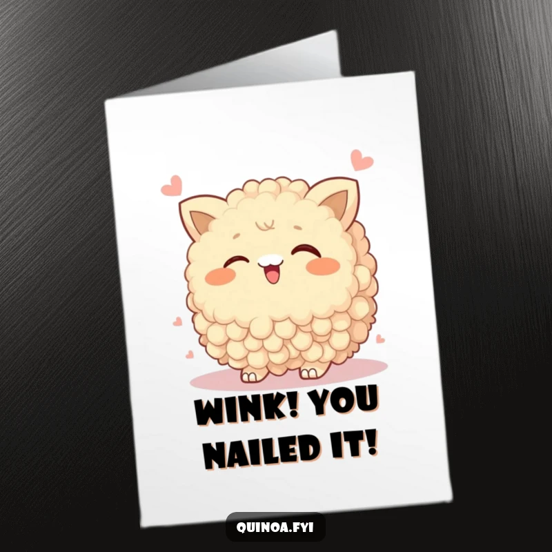 Funny Free Printable Congratulations Card showing a wobbly quinoa cluster winking playfully, celebrating success with a mischievous charm.