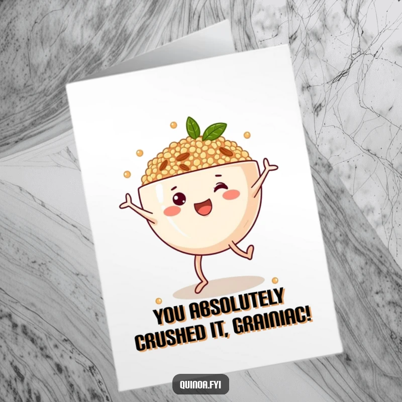 Funny Free Printable Congratulations Card: Energetic Quinoa Bowl with Legs Performing a Cartwheel