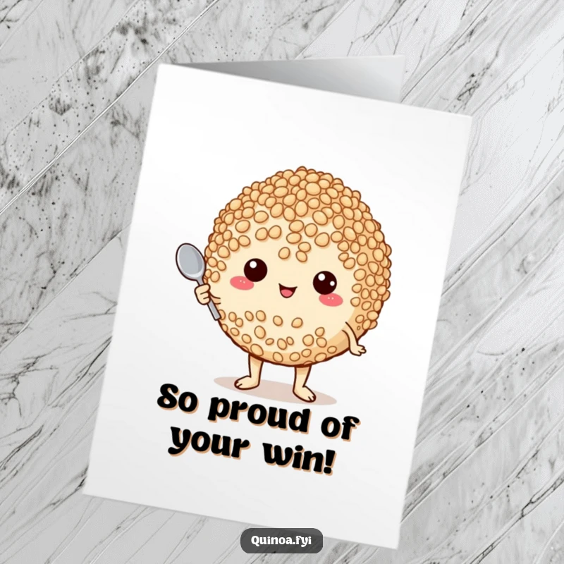 Funny free printable congratulations card featuring a proud, plump quinoa character with a tiny spoon, celebrating victory.
