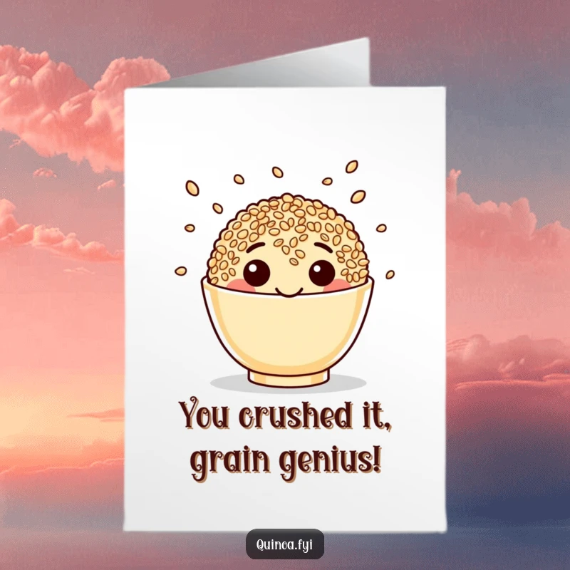 Funny Free Printable Congratulations Card with a beaming quinoa cup juggling seeds, celebrating achievements with healthy humor.