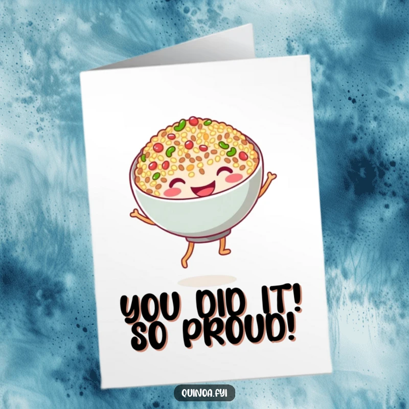 Funny Free Printable Quinoa Congratulations Card: A grinning bowl of quinoa performing a joyful dance with tiny legs.