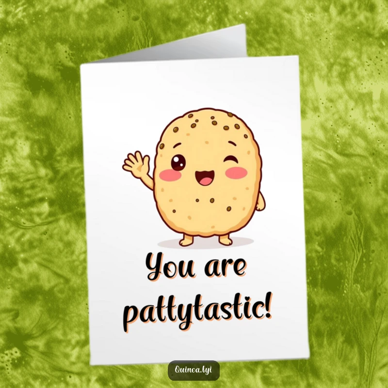 Funny free printable congratulations card showing an excited anthropomorphic quinoa patty giving a friendly wave, full of enthusiasm.