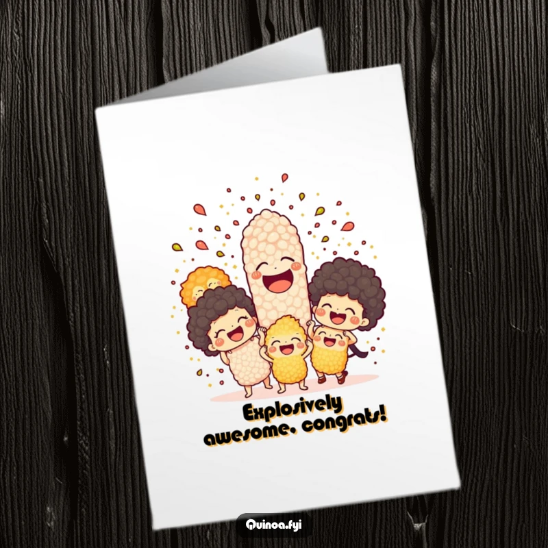 Funny free printable congratulations card featuring a joyful explosion of laughing quinoa characters, celebrating success.