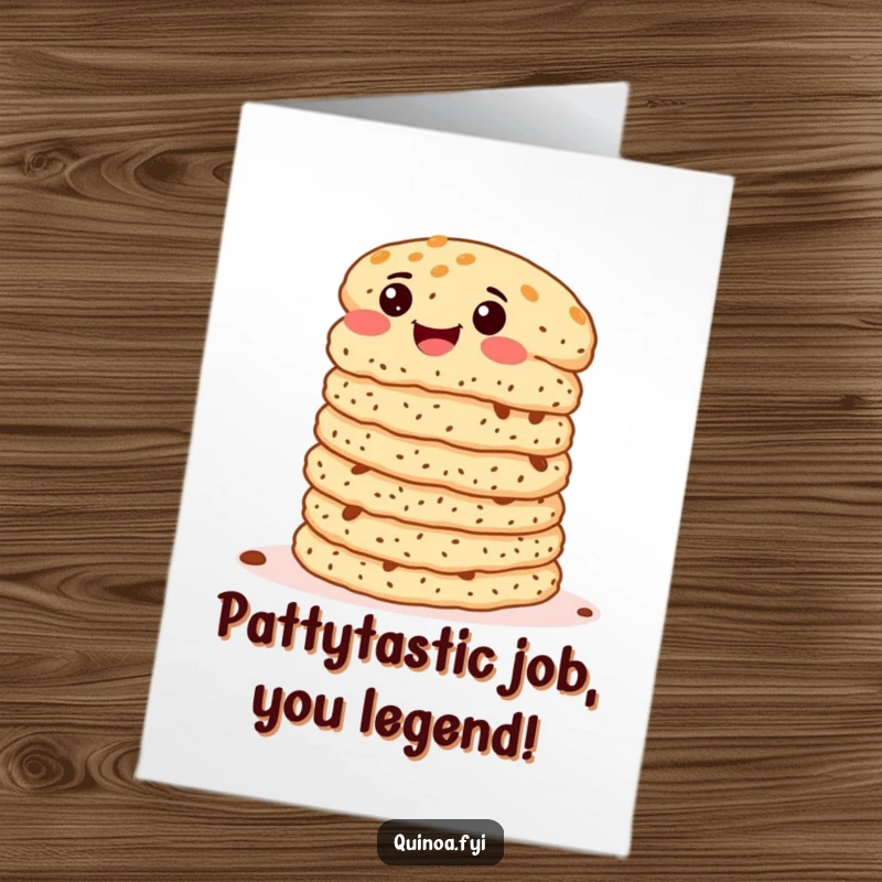 Funny Free Printable Congratulations Card: a stack of wiggling quinoa patties celebrating success with happy glee, downloadable.