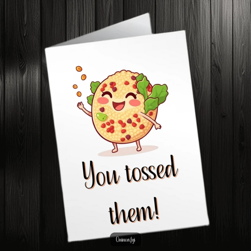 Funny free printable congratulations card showing a smiling anthropomorphic quinoa salad playfully tossing a tiny grain, full of celebratory cheer.