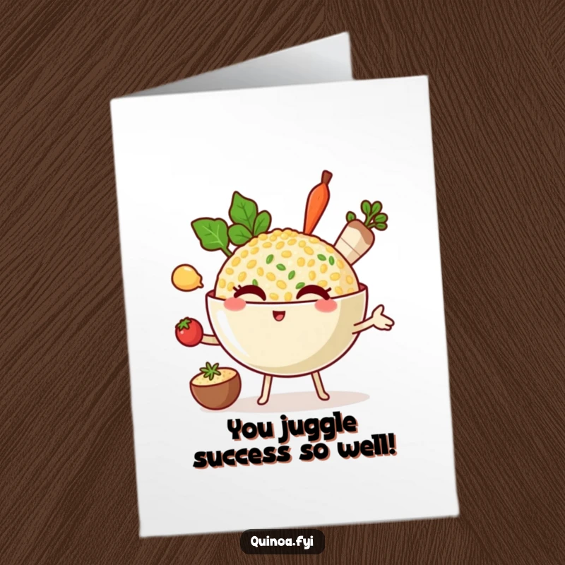 Funny free printable congratulations card featuring a winking bowl of quinoa character juggling ingredients, playfully celebrating achievement.