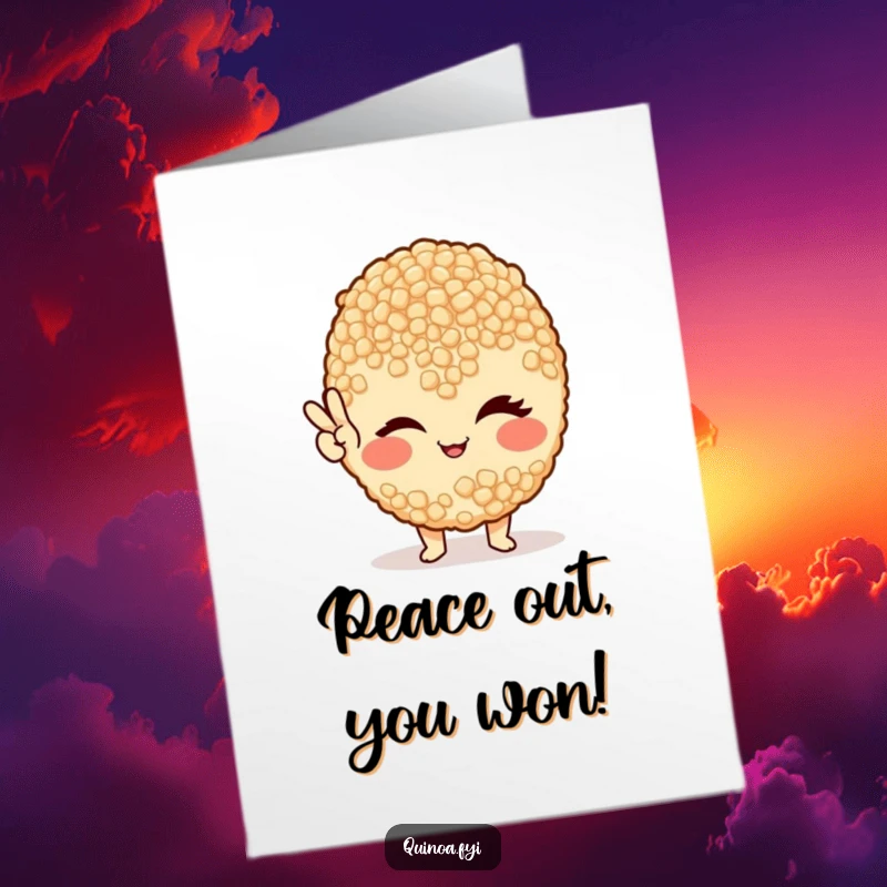 Funny Free Printable Congrats Card: A winking quinoa grain gives a cool peace sign, celebrating achievements with a healthy and humorous twist.