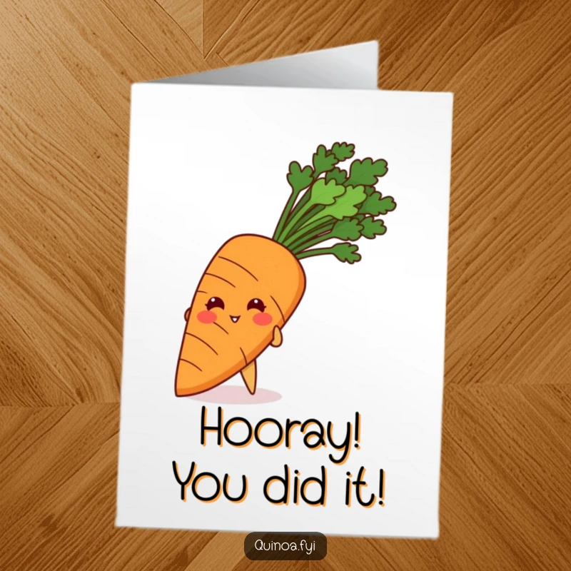 Funny Free Printable Congrats Card: Giggling Quinoa Grain Peeking from Behind Giant Carrot