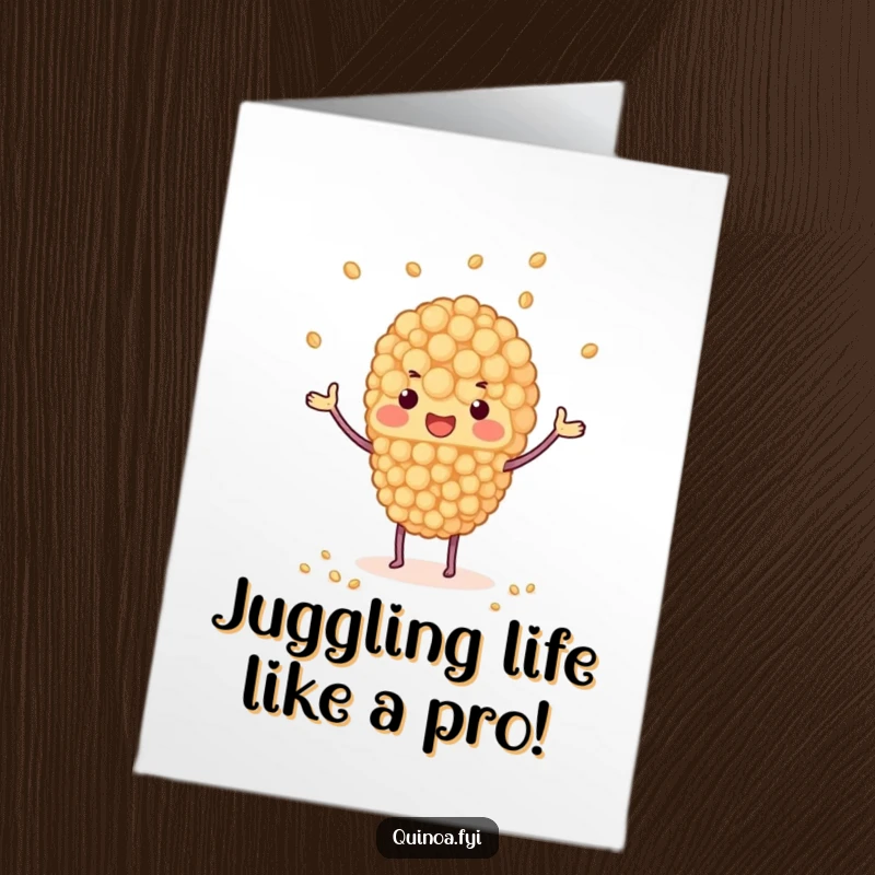 Free Printable Congratulations Card: A quinoa cluster expertly juggles individual grains with its arms, a fun symbol of accomplishment.