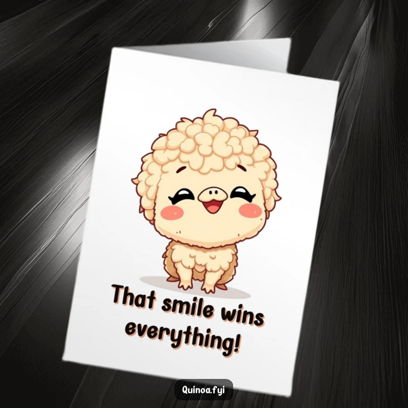 Funny Free Printable Congratulations Card: Giggling quinoa creature beams with a large, excited smile after success.