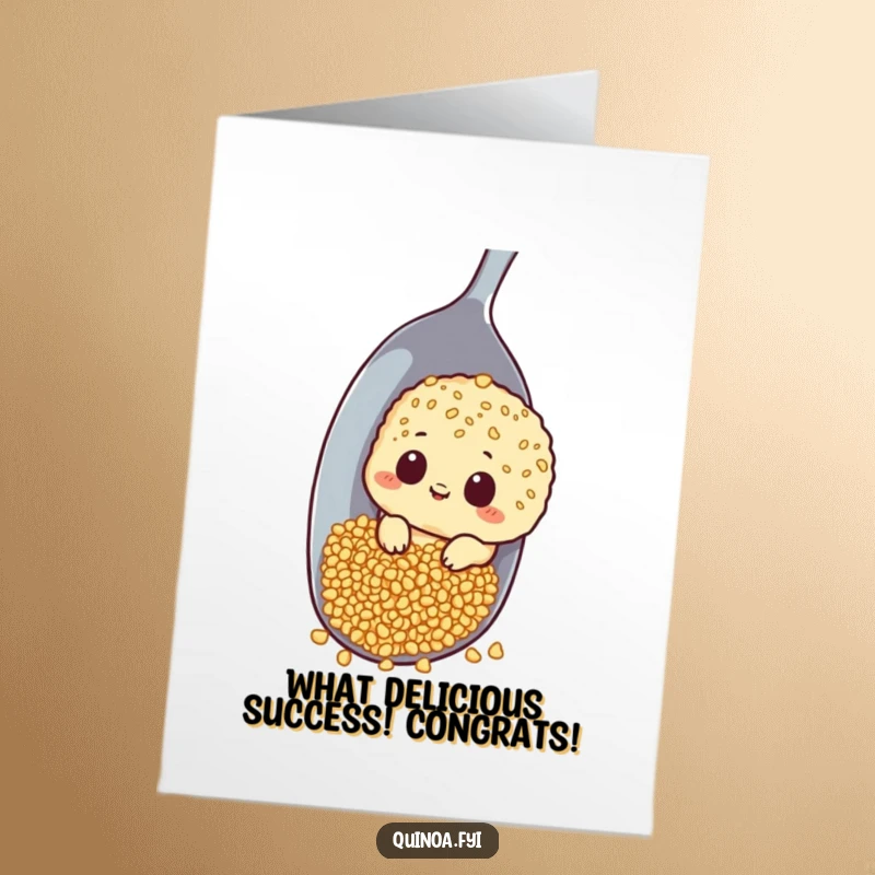 Funny Free Printable Congratulations Card: A curious quinoa peeking around a giant spoon, intrigued by a new creation or achievement.