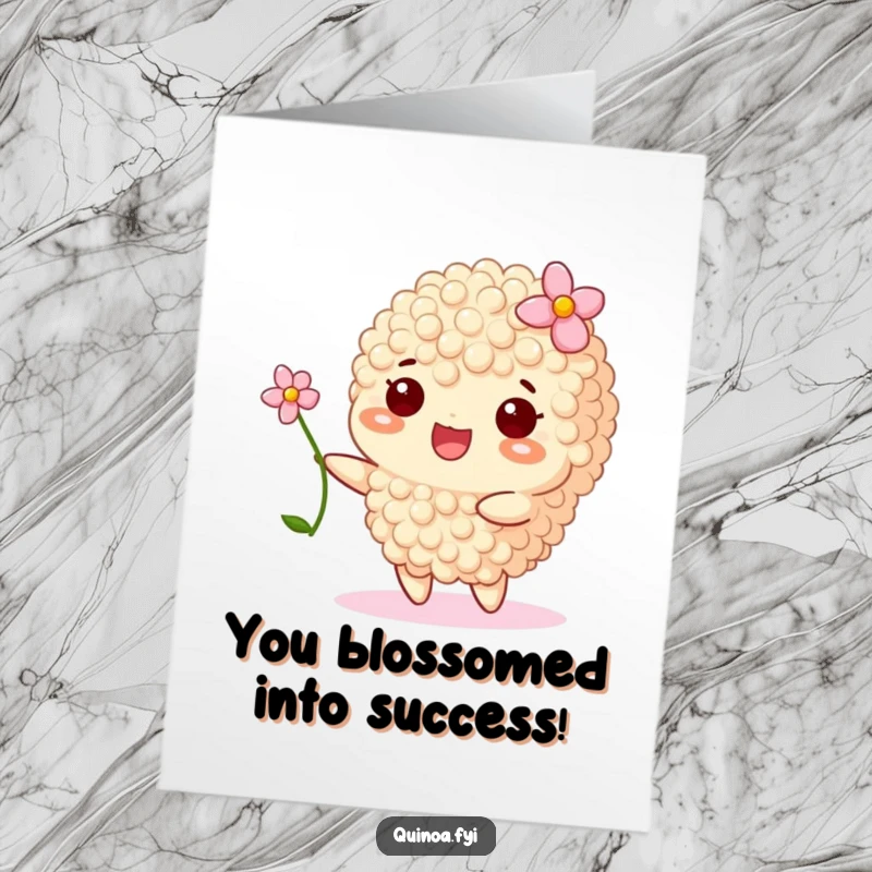 Funny Free Printable Congrats Card: A happy quinoa adorned with a flower sways peacefully, conveying warm congratulations and good vibes.