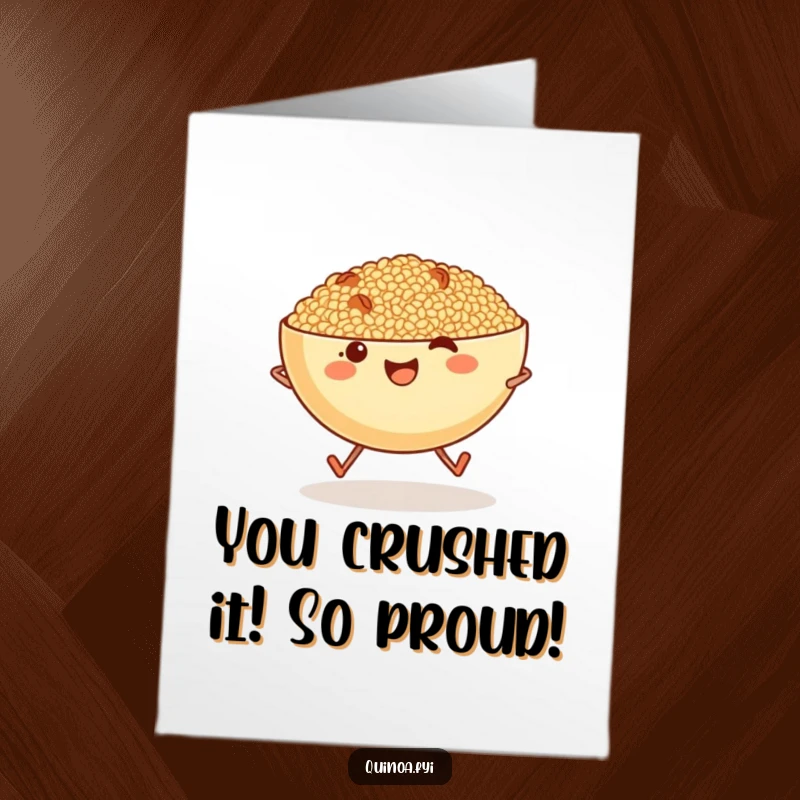 Funny Free Printable Congratulations Card: A cheerful quinoa bowl with tiny legs joyfully skips, celebrating your success.