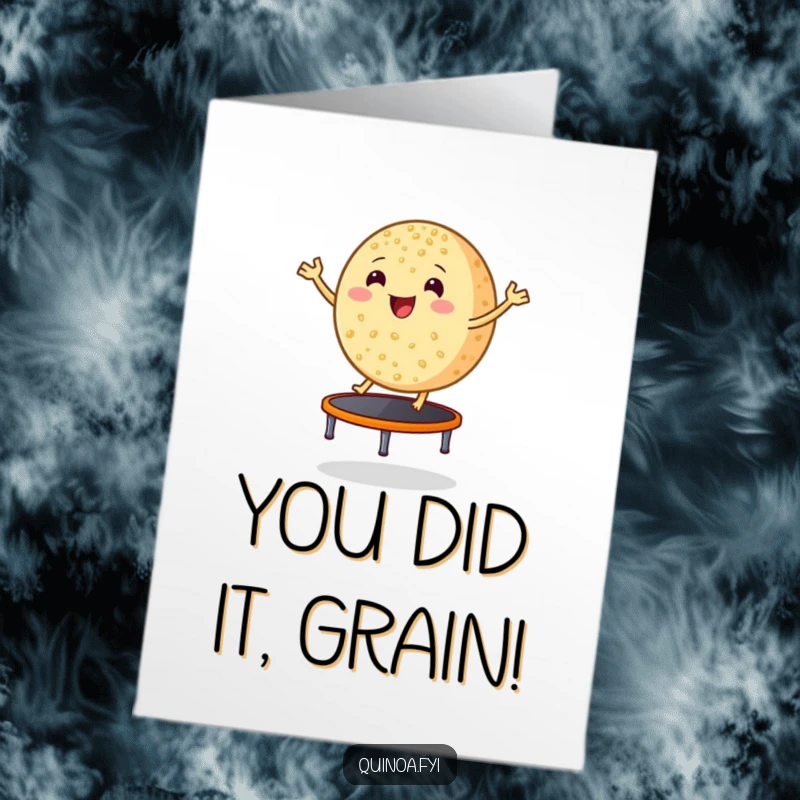 Funny Free Printable Congratulations Card: A smiling quinoa grain triumphantly bouncing on a trampoline.