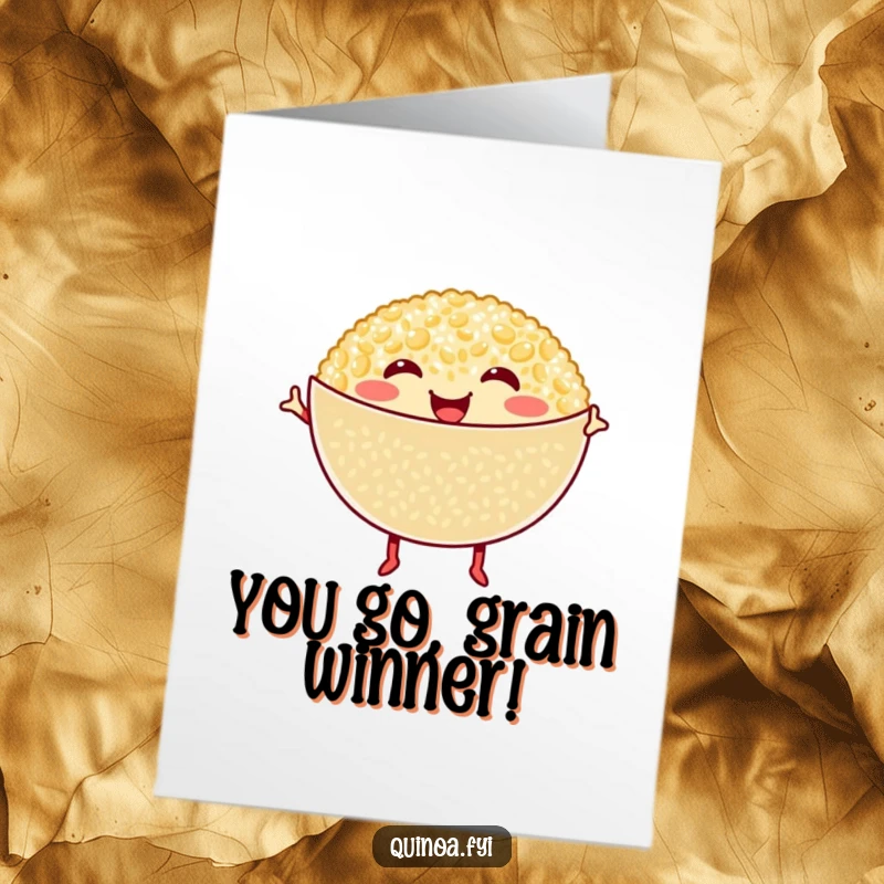 Funny Free Printable Congratulations Card: Cheerful quinoa bowl with tiny legs performing a jubilant happy dance.