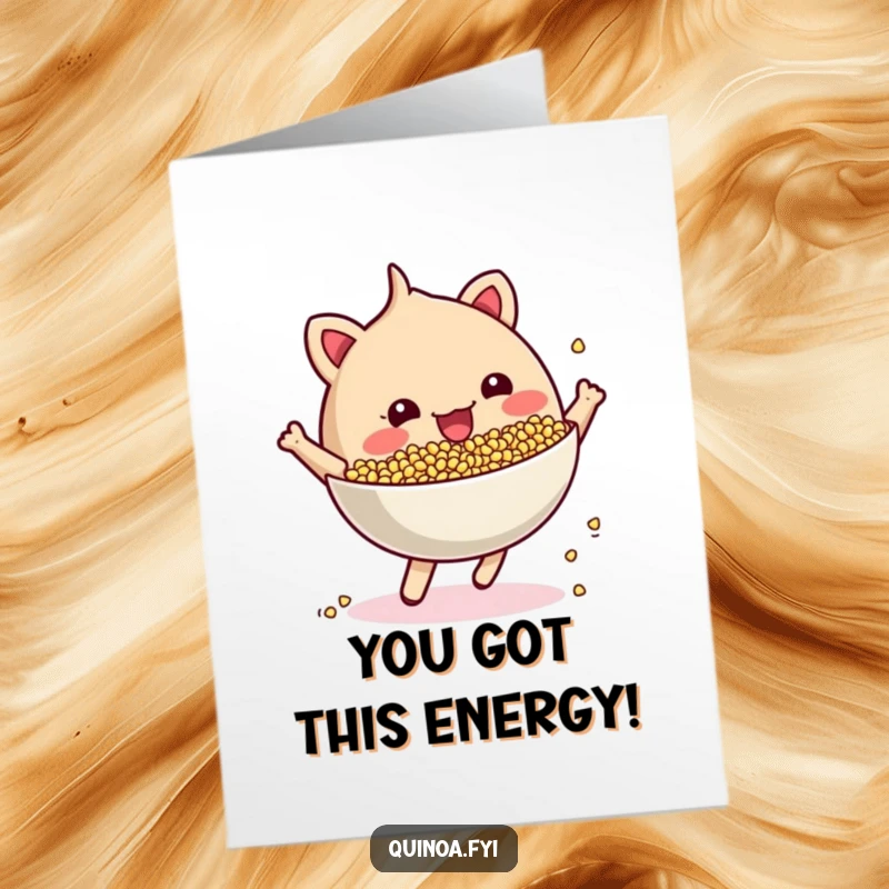 Funny free printable congratulations card depicting a cheerful anthropomorphic quinoa bowl energetically bouncing, full of celebratory spirit.