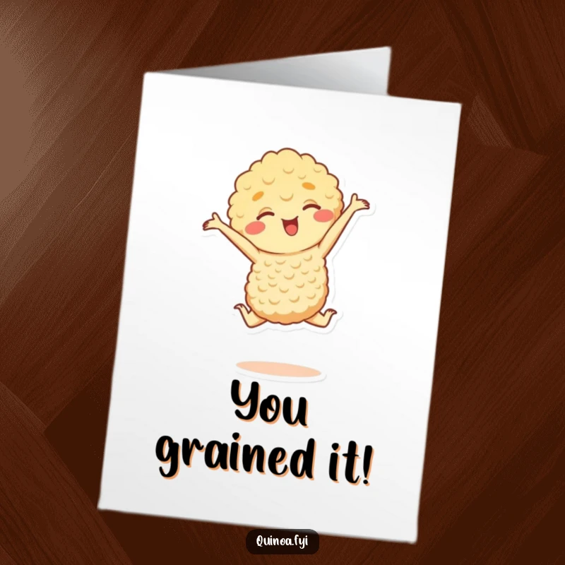Funny Free Printable Congratulations Card showing a happy quinoa character in a tiny, successful leap, celebrating an achievement.