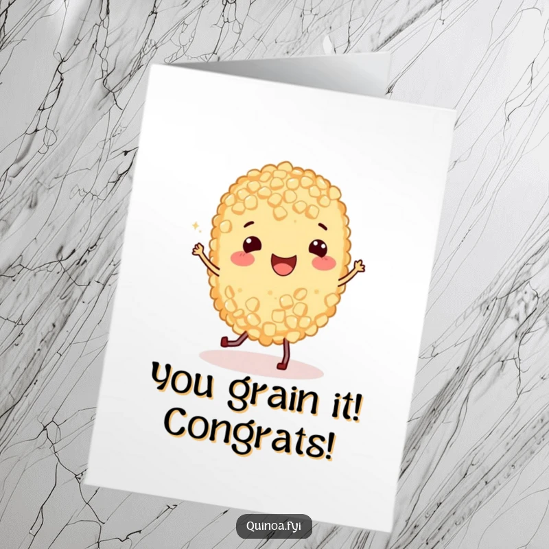Funny Free Printable Congratulations Card showing a happy quinoa grain with tiny legs doing a joyful jig to celebrate success.