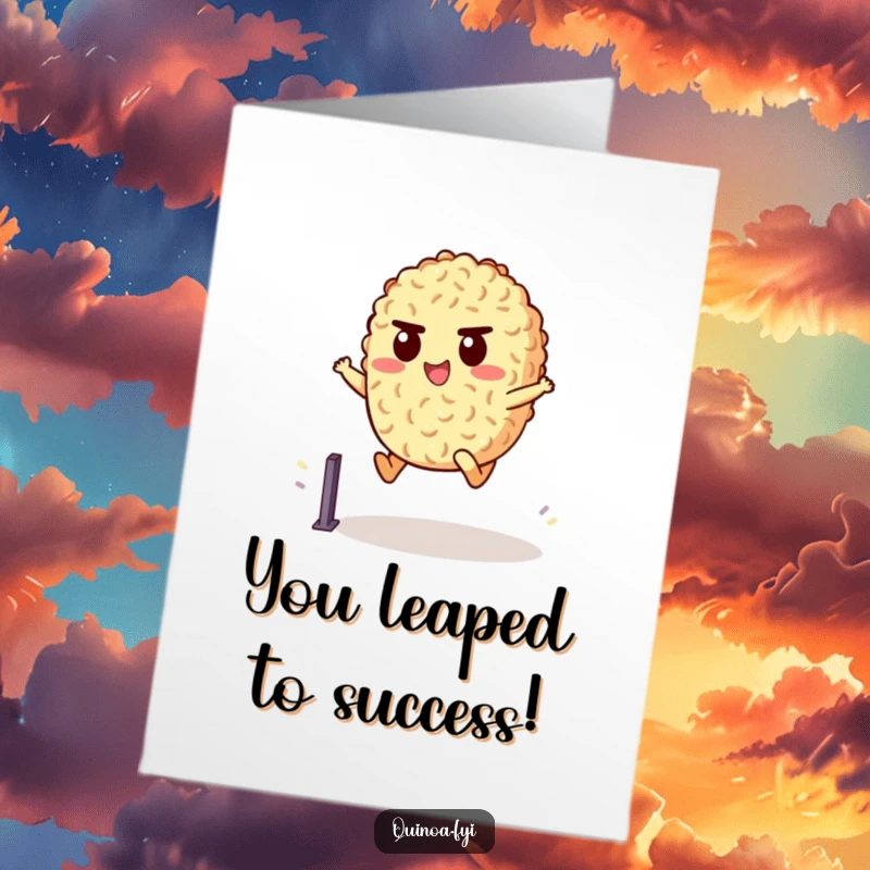 Funny Free Printable Congratulations Card featuring a determined quinoa character leaping over a small hurdle, symbolizing success and determination.