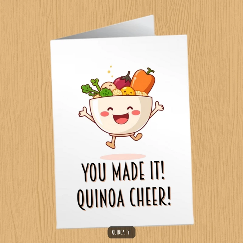 Funny Free Printable Congrats Card: Smiling Quinoa Bowl and Veggies in a Joyful Leap