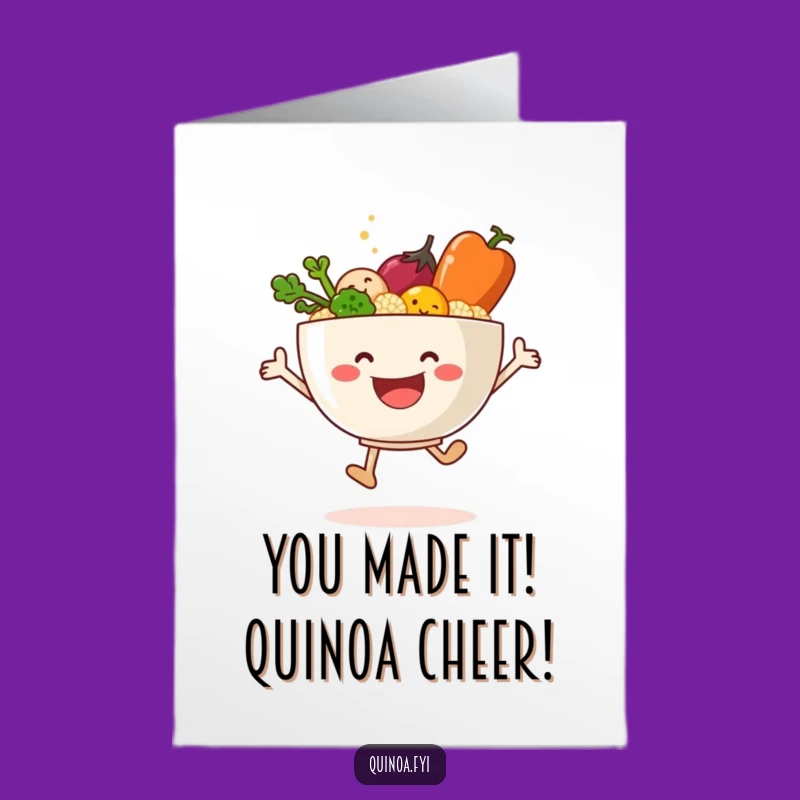 Free Printable Congrats Card: Quinoa & Veggies Leap for Joy, Funny Downloadable Gift