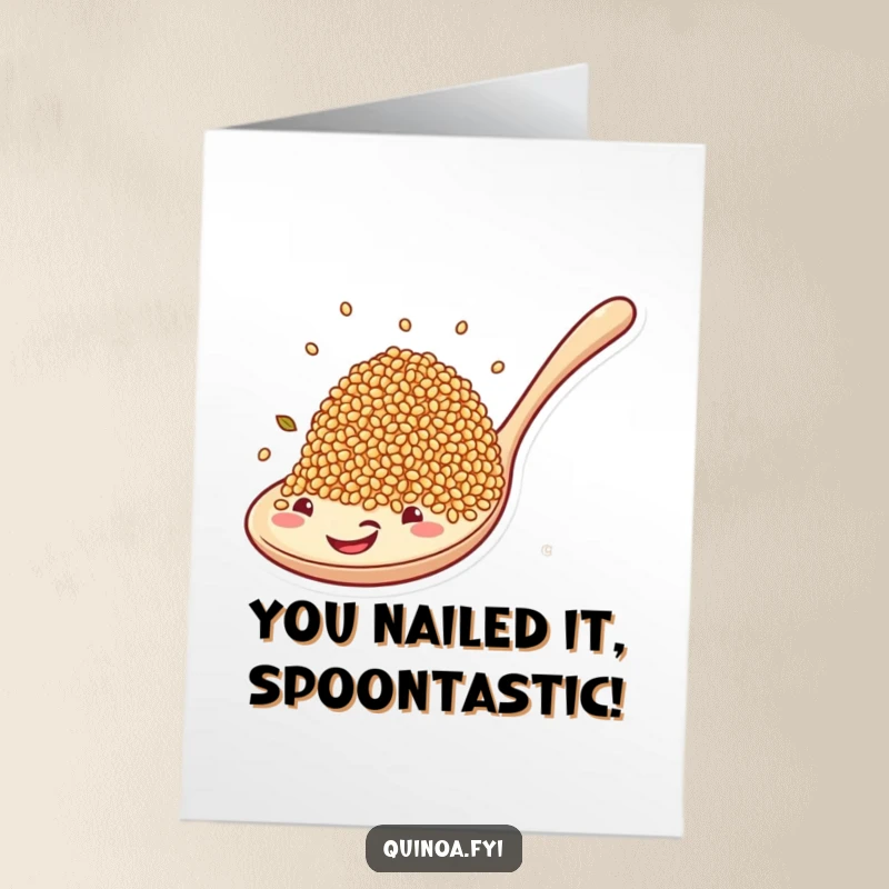 Funny Free Printable Congratulations Card: Excited quinoa grains cheering from a giant spoon, celebrating success.