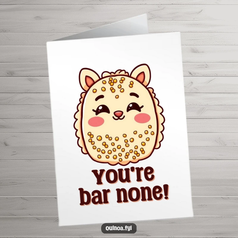 Free Printable Congratulations Card: A cheerful quinoa bar winks playfully with smiling eyes, a unique downloadable surprise.