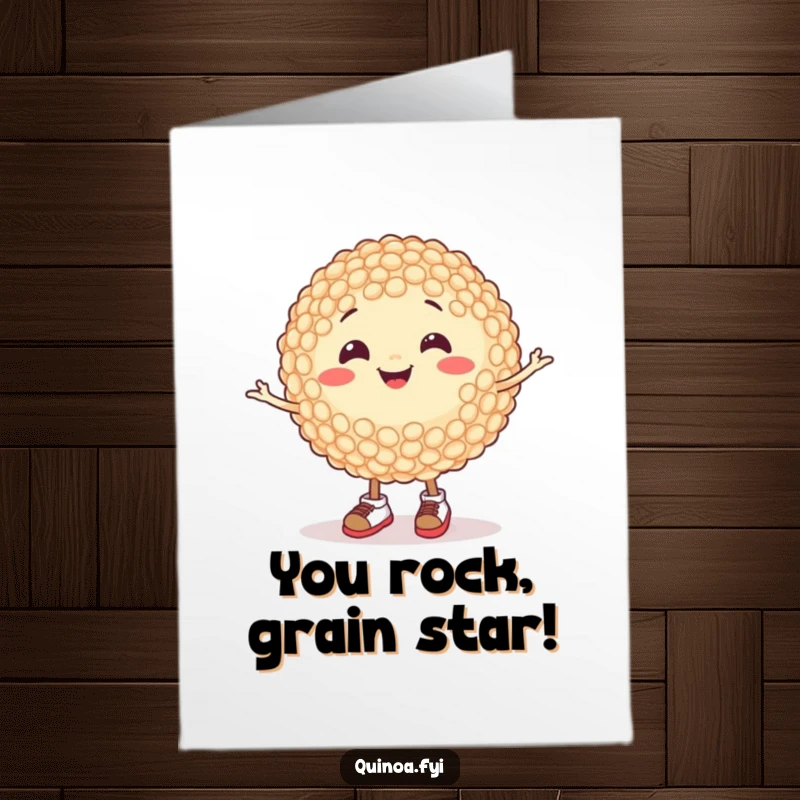 Free Printable Congratulations Card: A smiling quinoa grain in tiny shoes happily spins, celebrating achievements with vibrant energy.