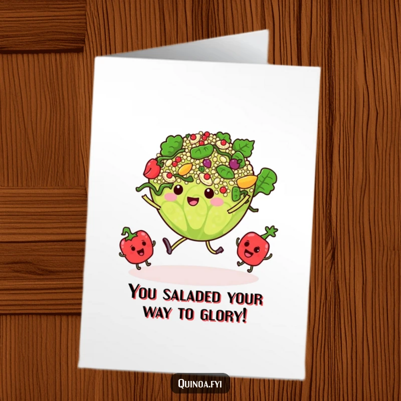 Funny Free Printable Congrats Card: A quinoa salad grooves energetically with little vegetable pals, celebrating achievements with a flavorful dance party.