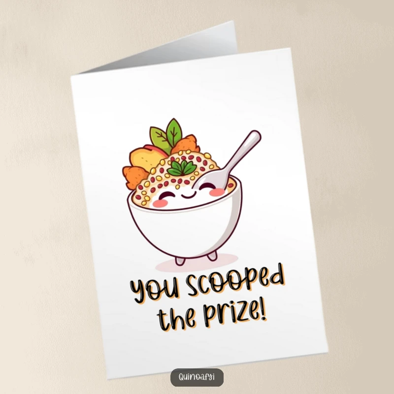 Funny Free Printable Congratulations Card: Smiling quinoa bowl character playfully uses a spoon to celebrate.