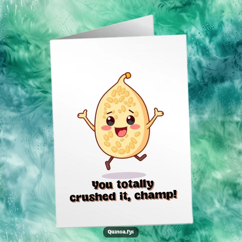 Funny Free Printable Congratulations Card: Bouncing quinoa seed character giving a double thumbs up, celebrating success, great DIY gift.