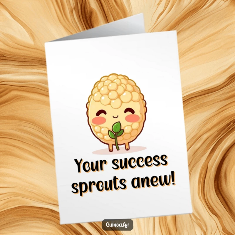 Funny Free Printable Congratulations Card: A blushing quinoa grain shyly offering a tiny sprout, symbolizing new growth and budding success.