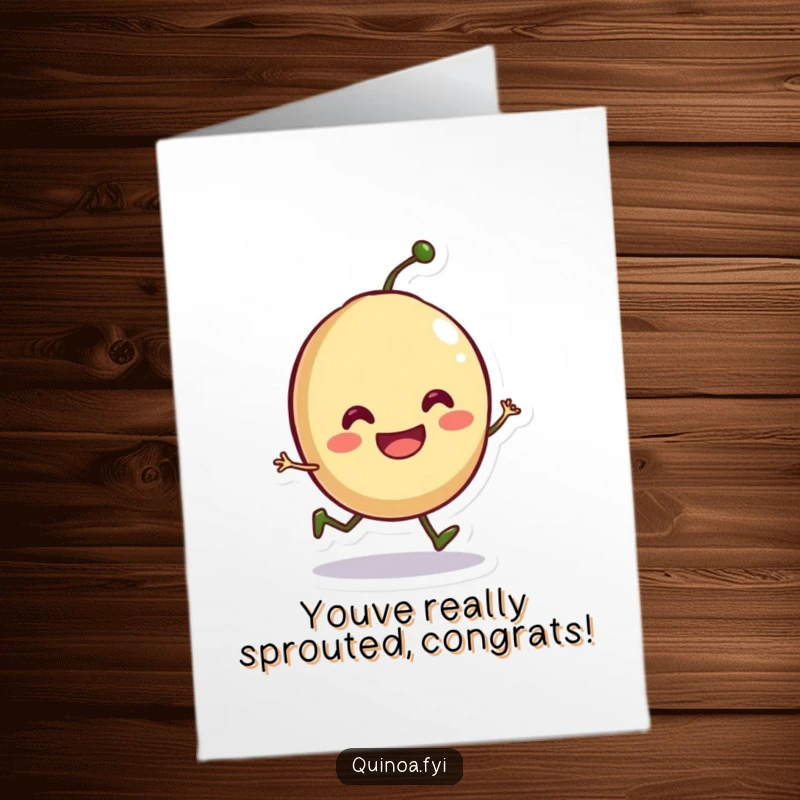 Funny Free Printable Congratulations Card showing a smiling seed doing a playful hop, cheering for success.