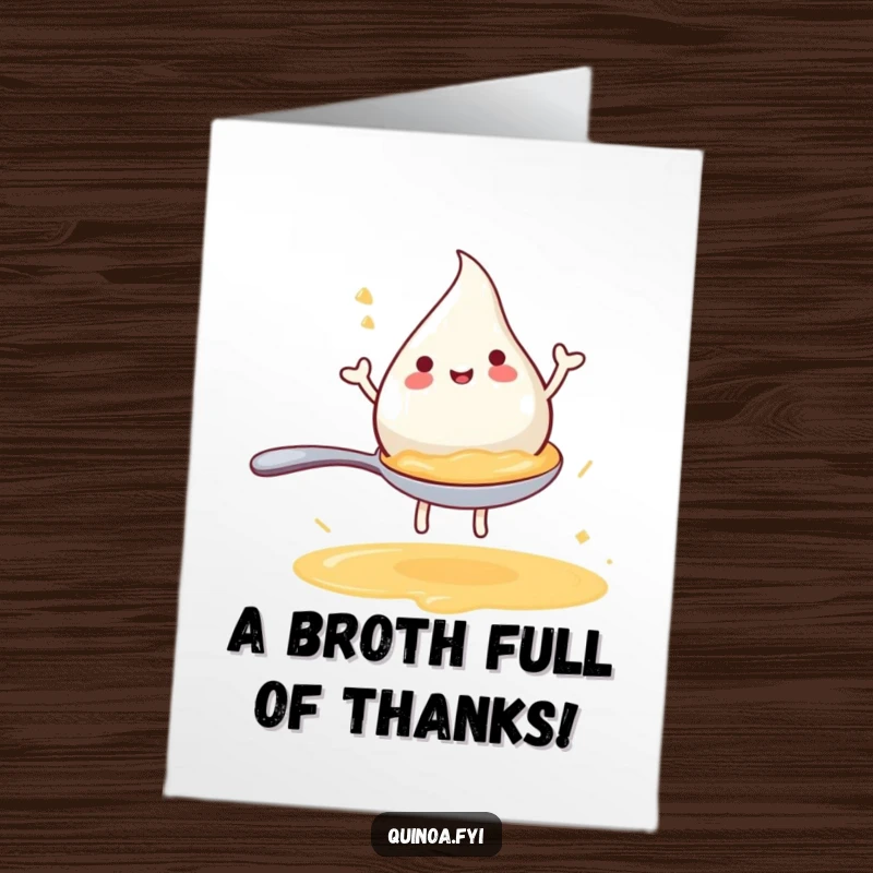 Funny Free Printable Thank You Card showing a happy broth droplet riding a spoon, conveying heartfelt thanks humorously.