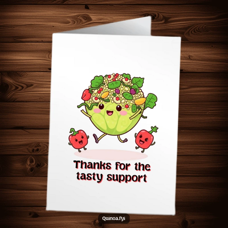 Funny Free Printable Thank You Card: A dancing quinoa salad leads a parade of tiny swaying vegetable characters, expressing thanks with zest.