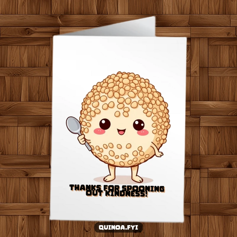 Funny free printable thank you card of a proud, plump quinoa character holding a tiny spoon, expressing thanks.