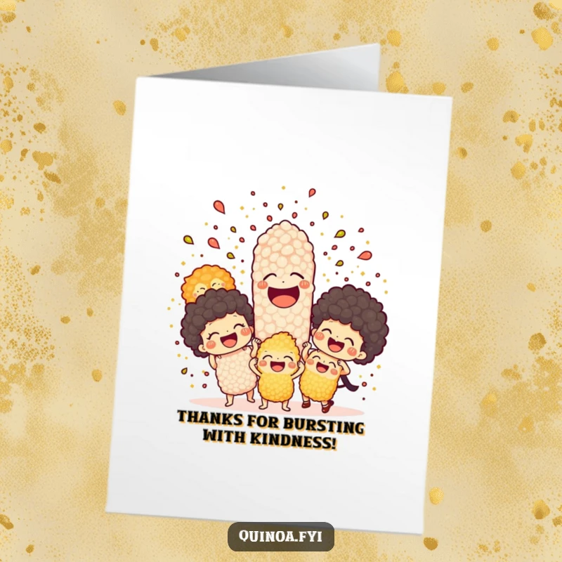 Funny free printable thank you card depicting a joyful explosion of laughing quinoa characters, a unique way to say thanks.