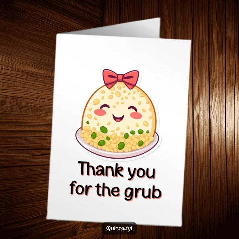 Funny Free Printable Thank You Card: Beaming plate of quinoa with a happy grin giving a bow, showing gratitude.
