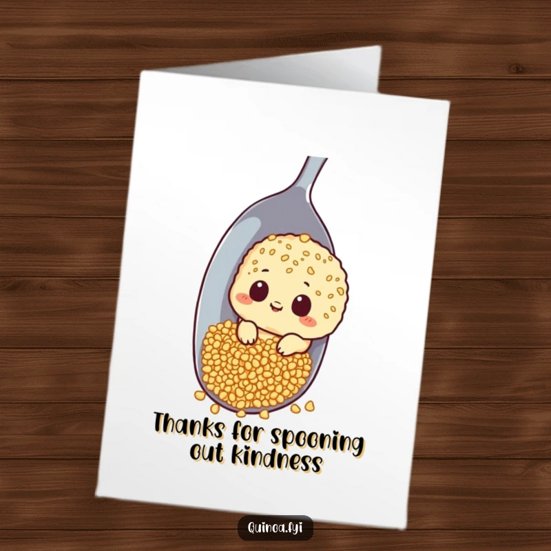 Funny Free Printable Thank You Card: A curious quinoa peeking around a giant spoon, wondering about the deliciousness or kindness received.